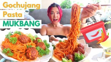 Gochujang Spaghetti + Meatballs MUKBANG (VEGAN) | Munching Mondays ep.114